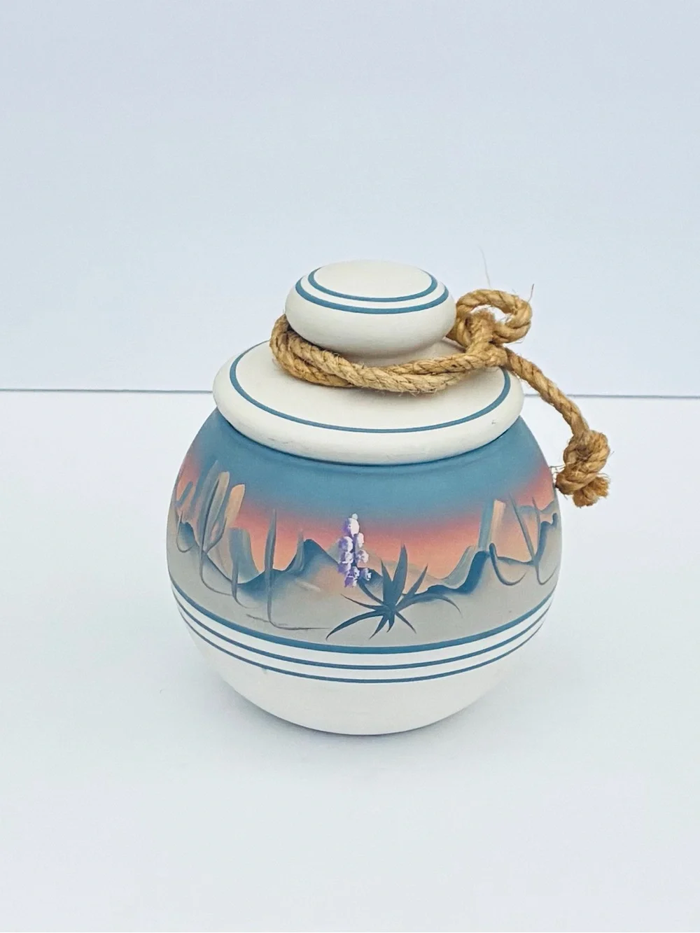 Vintage New West Pottery Hand-painted Lidded Jar Southwestern Desert Sunset 6”
